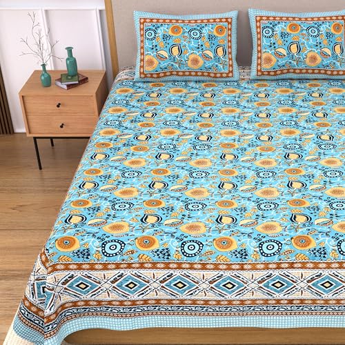 Image of India 100% Pure Cotton Jaipuri Printed Double Bedsheet with 2 Pillow Covers | Traditional Sanganeri Floral Design | Soft Breathable Fabric | King Size Bedsheet for Bedroom (Kaya56)