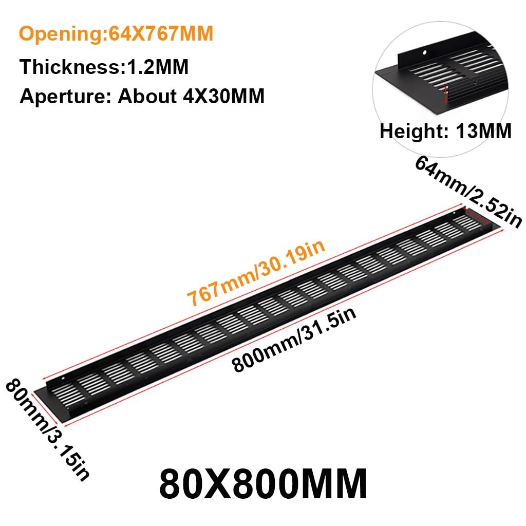 Kratka wentylacyjna ze stopu aluminium | Czarne różne rozmiary szafy na buty Szafka na buty: Wentylacja(80x800mm)