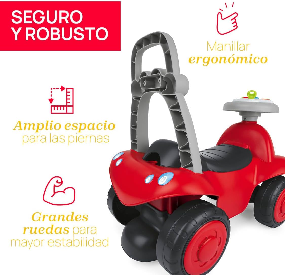 Chicco Billy Walk&Ride First Steps, 2-in-1 Walker and Driving Device, Easy Assembly, Ergonomic Handlebars, Wide Wheels, with Sounds and Driving Light, Recycled Plastic, 12-36 Months, Red