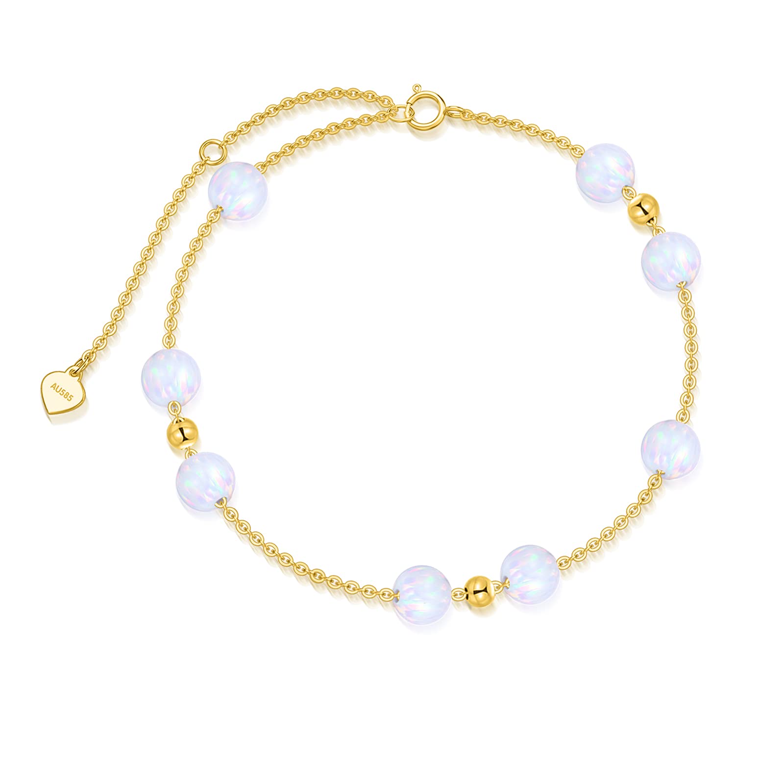 SISGEM 14K Solid Yellow Gold Simulated Opal Anklet for Women Girls,Real Gold Beads Anklet Bracelet B