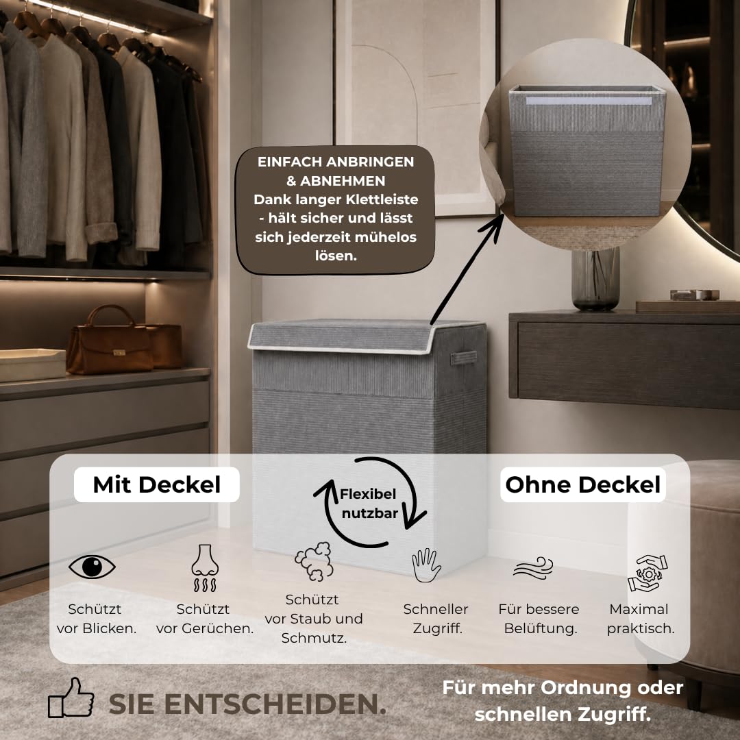 TALIDA Wäschekorb Cord – mit abnehmbaren Deckel | platzsparend & praktisch | faltbarer Wäschesammler | Pfandflaschen Sammelbehälter | Schlafzimmer, Kinderzimmer & Badezimmer (Hellgrau, 120L)