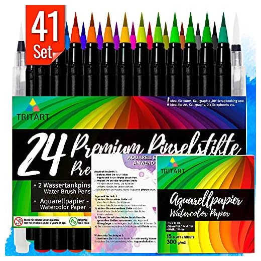 Tritart Set 41 Piezas Rotuladores Punta Pincel - 24 Bolígrafos Brush Pen + 2 Acuarelables + 15 Hojas de Acuarela - Rotulador Lettering para Artistas Amateur y Profesionales