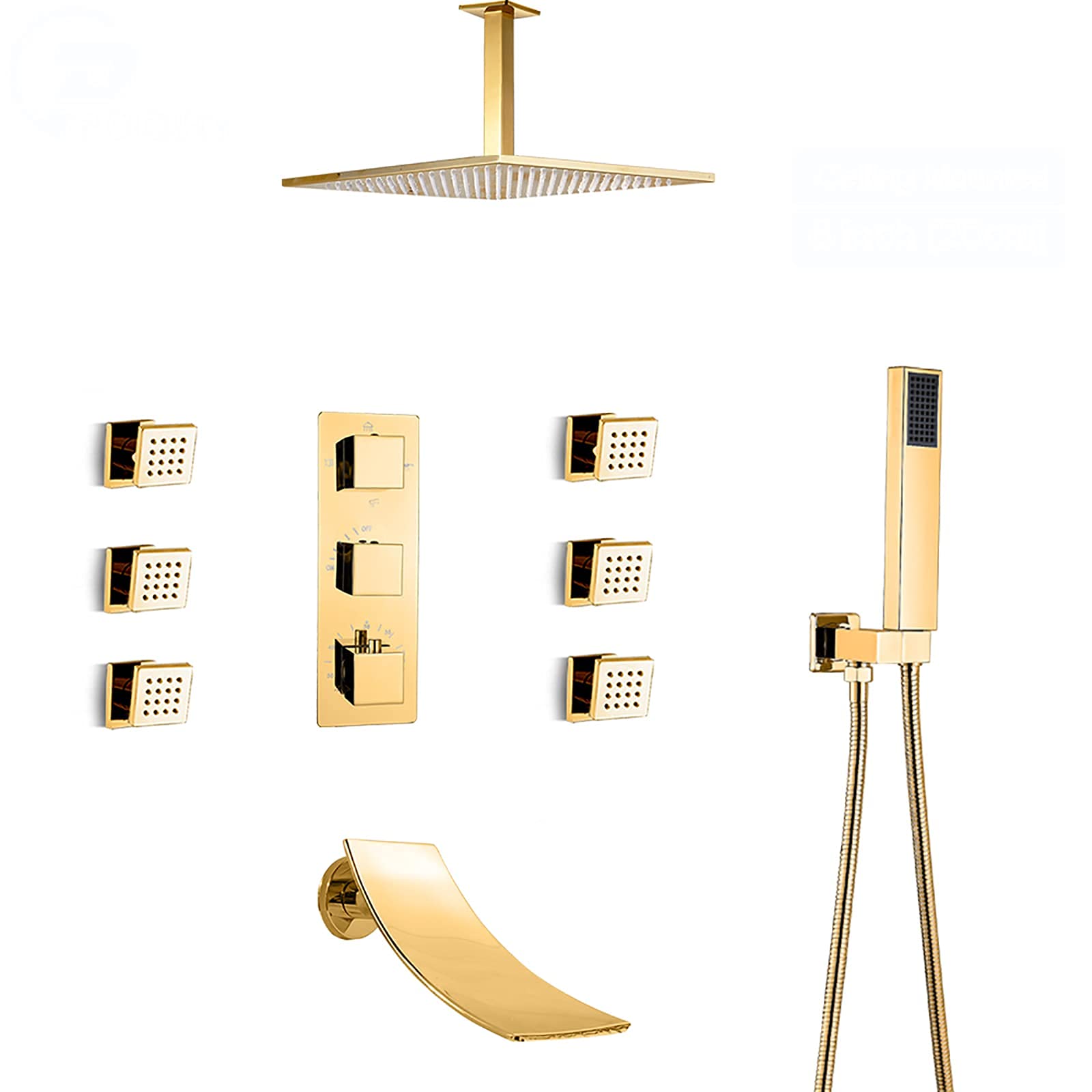 AYCDL Thermostatic Gold Shower Combo Set Ceiling Mounted Bathroom Shower Faucet Set with Shower Head, Handheld Shower, Waterfall Bathtub Faucet, Body Jets,12 Inches