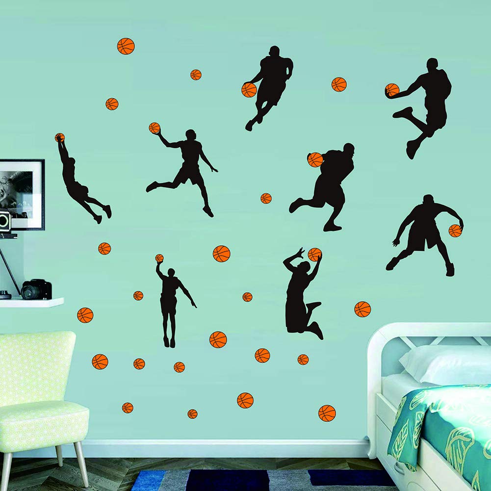 Basketball Slam Dunk Silhouette Wall Decals - Basketball Sport Player Wall Stickers Peel&Stickers Wall Art for Boys Teens Living Room Bedroom Playroom Decor