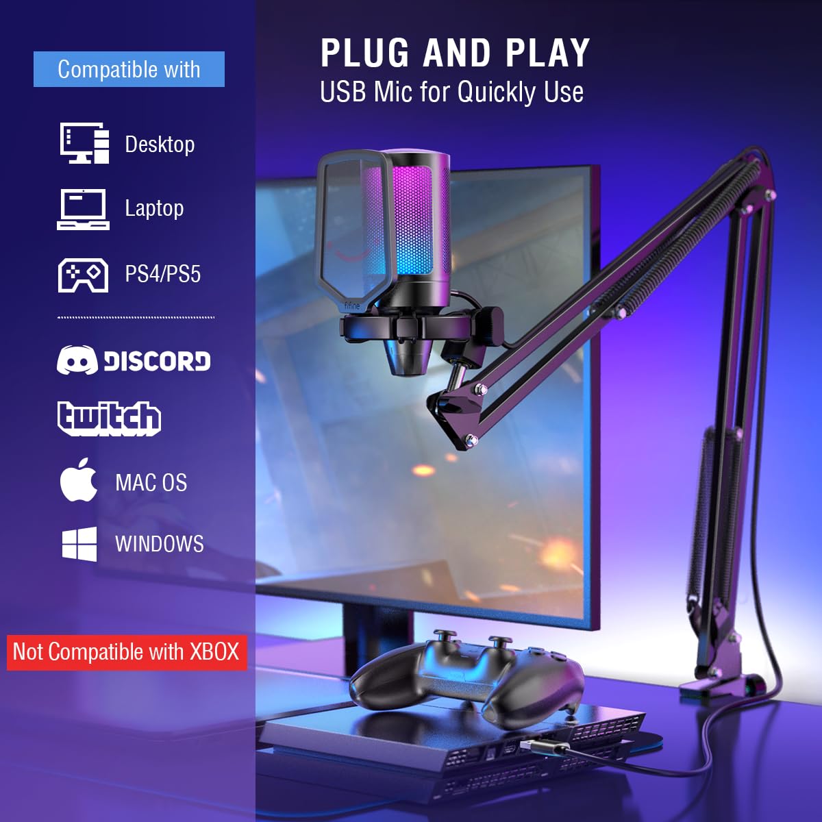 FIFINE USB Gaming Microphone Kit dla PC PS5, A6T