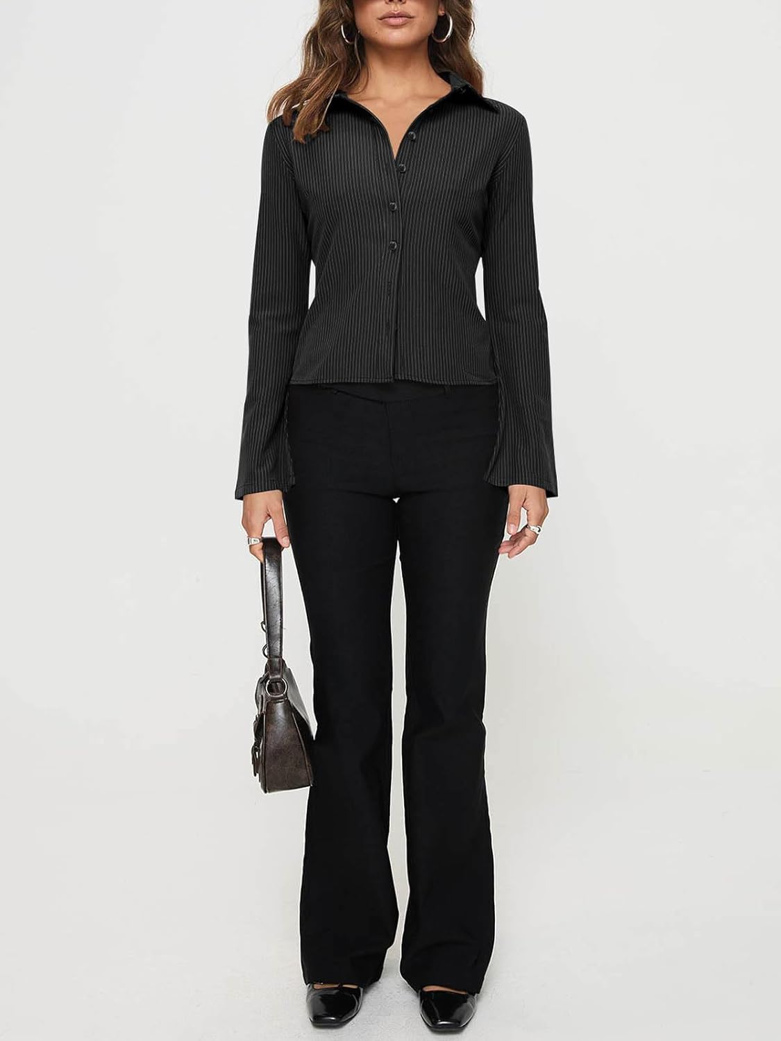 VNIRA Women’s Button Down Shirts Striped Long Sleeve Collared Casual Work Blouses Slim Fit Going Out Tops - Image 5