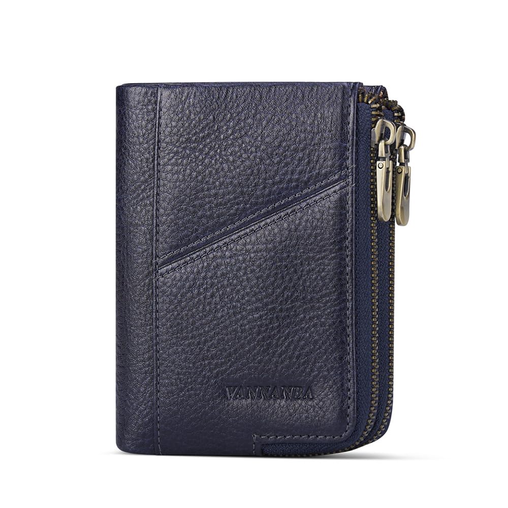 Men Wallets with Zipper Genuine Leather Retro Multifunction with 2 Large Zipper Pocket, 6 Card Slots