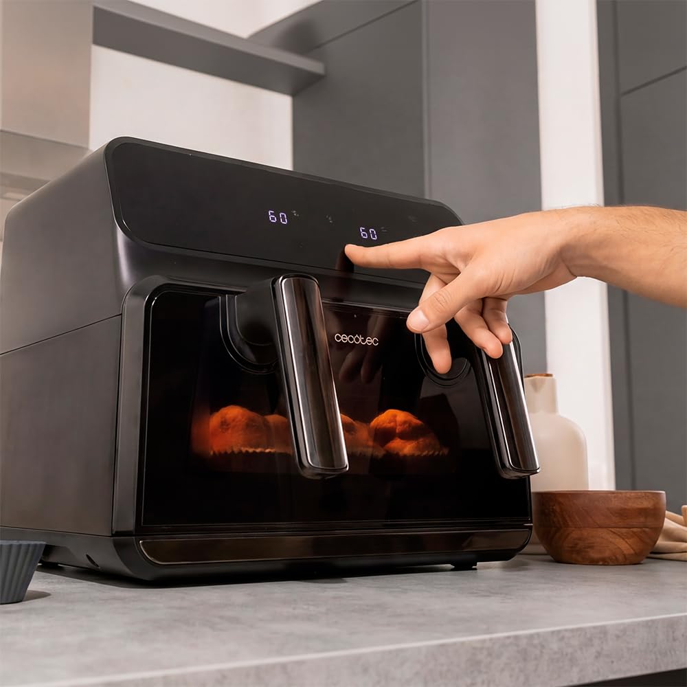 Cecotec 9L Cecofry Advance 9000 Windows Frytkownica powietrzna, bezolejowa, 2200 W, podwójne wiadro 4,5 l, ścianka działowa, podwójna temperatura, wyświetlanie okna, 8 menu, Temp 60-200 stopni, panel