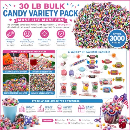 Image of Fun Express Bulk Candy Variety Pack 30 lb, Approx 3000 Pieces | Individually Wrapped Assorted Candy, Halloween Trick Or Treat, Party Favors, Pinata Stuffers & Goodie Bags