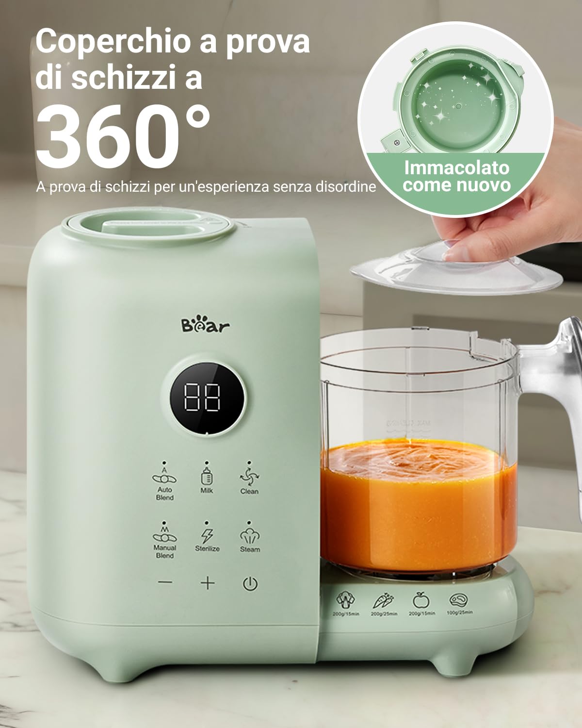 Bear Cuocipappa Mixer Multifunzione 7-in-1 per Bébé - Vapore, Mixer, Pulse, Pulizia Automatica, Sterilizzato, Riscalda, Scongela - Robot Cucina Multifunzione