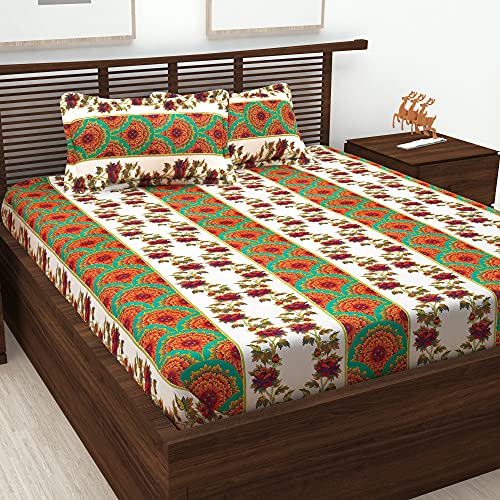 Image of Story@Home Magic Ethnic Collection Floral 100% Cotton 1 Bedsheet for Double Bed and 2 Pillow Covers - White & Turquoise कपास डबल बेडशीट