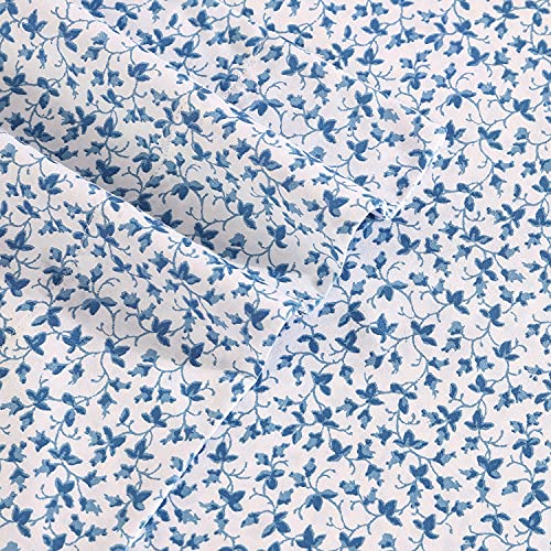 Image of Laura Ashley - Queen Size Sheet Set, Soft Cotton Sateen Bedding with Fitted Sheet and Pillowcases, Floral Room Decor, Deep Pocket, College Dorm Room Essentials (Lavange Vine Blue)