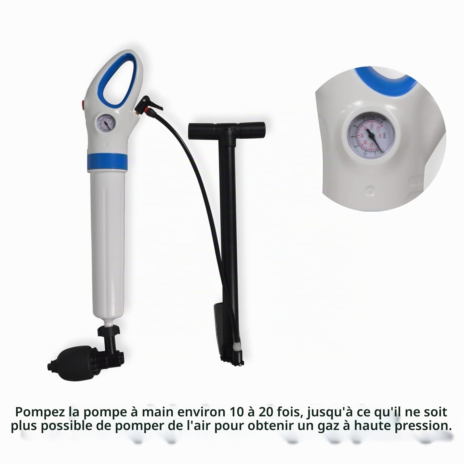 Déboucheur canalisation nettoyage pompe haute pression outil de piston de toilette avec 5 adaptateurs,Dispositif De Dragage De Type Pneumatique pour Toilettes pour Cuisine,Blanc (Divisé)