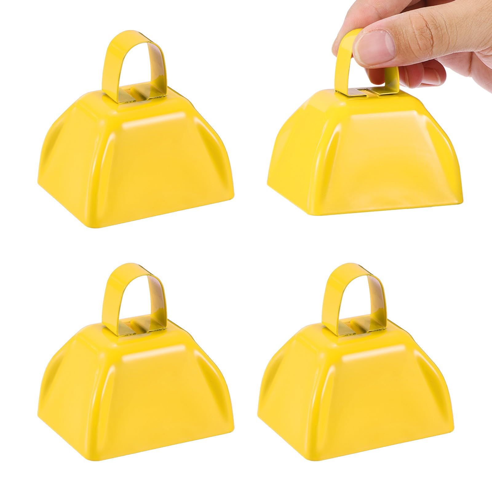 PATIKIL 4pcs Cow Bells for Football Games 3inch Cowbells for Sporting Events Bulk Loud Noise Makers Metal Cow Bell with Handle for Cheering Competition Marathon Wedding Yellow
