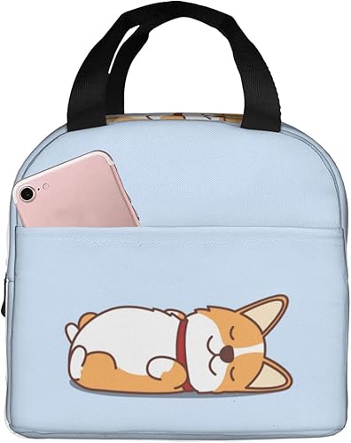 Bolsa de almuerzo lindo galés corgi cachorro acostado en la espalda lonchera aislada bolsas reutilizables comida portátil contenedor bolsa de viaje