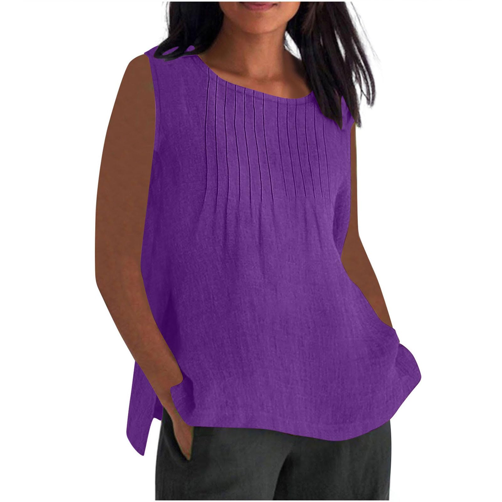 RLEHJN Musselin Tank Top Damen,Lang Trägertop Locker T-Shirt Lässige Baumwoll Leinen Tanktops Sommer Plissierte Ärmelloses Tunika Leichte Damen T-Shirt Strand Vest Blusentop Übergröße S-5XL