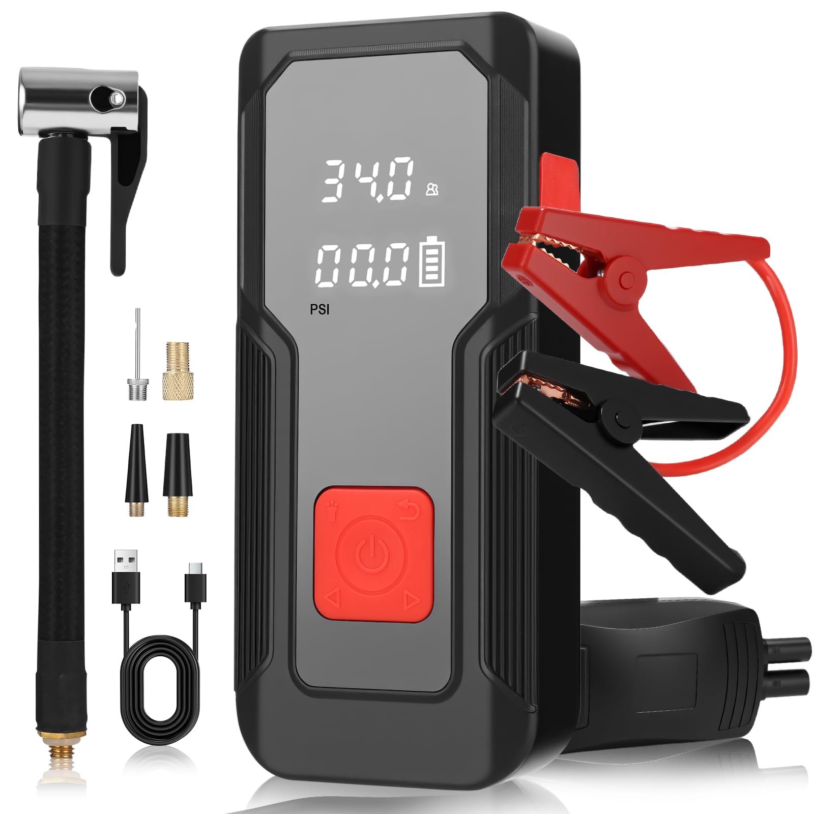 BaterÃa de arranque para coche, 5 en 1, arrancador de coche, 150 PSI 2000 A, corriente máxima para todo tipo de gasolina y motor diesel de 10,0 l, 8000 mAh, 15 V, pantalla LCD portátil y linterna LED