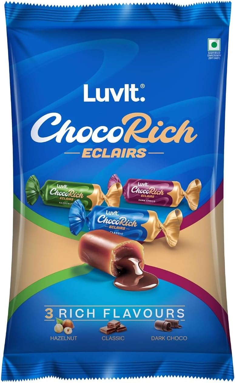 LuvIt. Chocorich Assorted Eclairs Chocolate Birthday Pack | Hazelnut, Dark Choco & Classic | 60 Pieces - 480 Gm