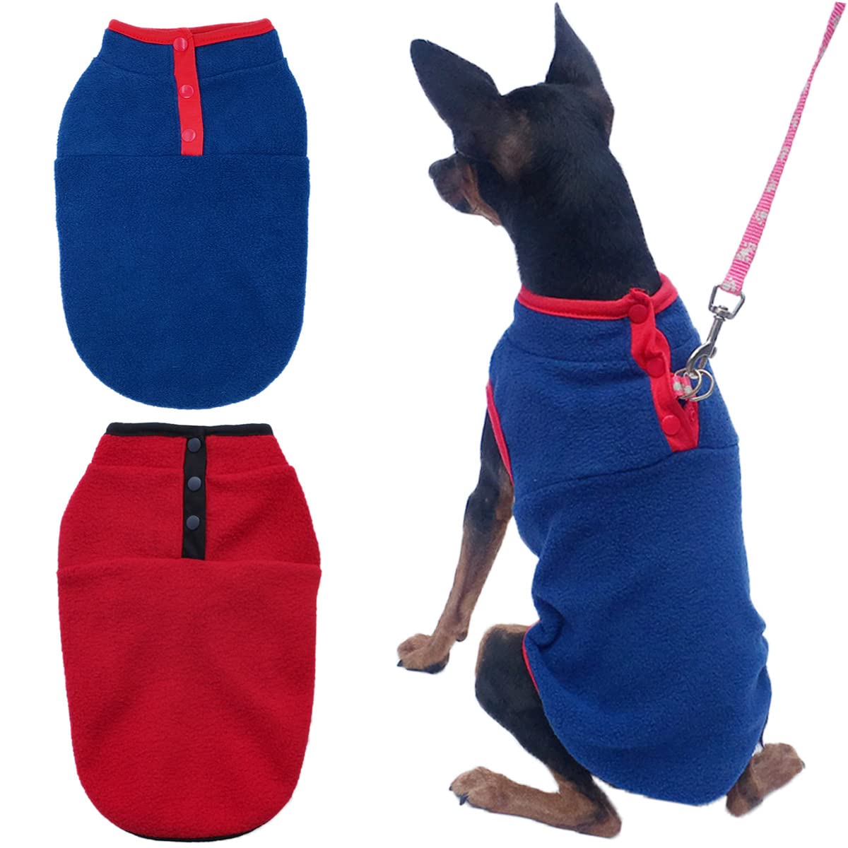 Photo 1 of 2 Pack Dog Fleece Vest Sweater, Warm Pullover Fleece Puppy Jacket, Autumn Winter Cold Weather Coat Clothes, Pet Stretch Fleece Apparel with Buttons for Small Medium Dogs Cats (Red+Blue, Medium) Red+Blue Medium