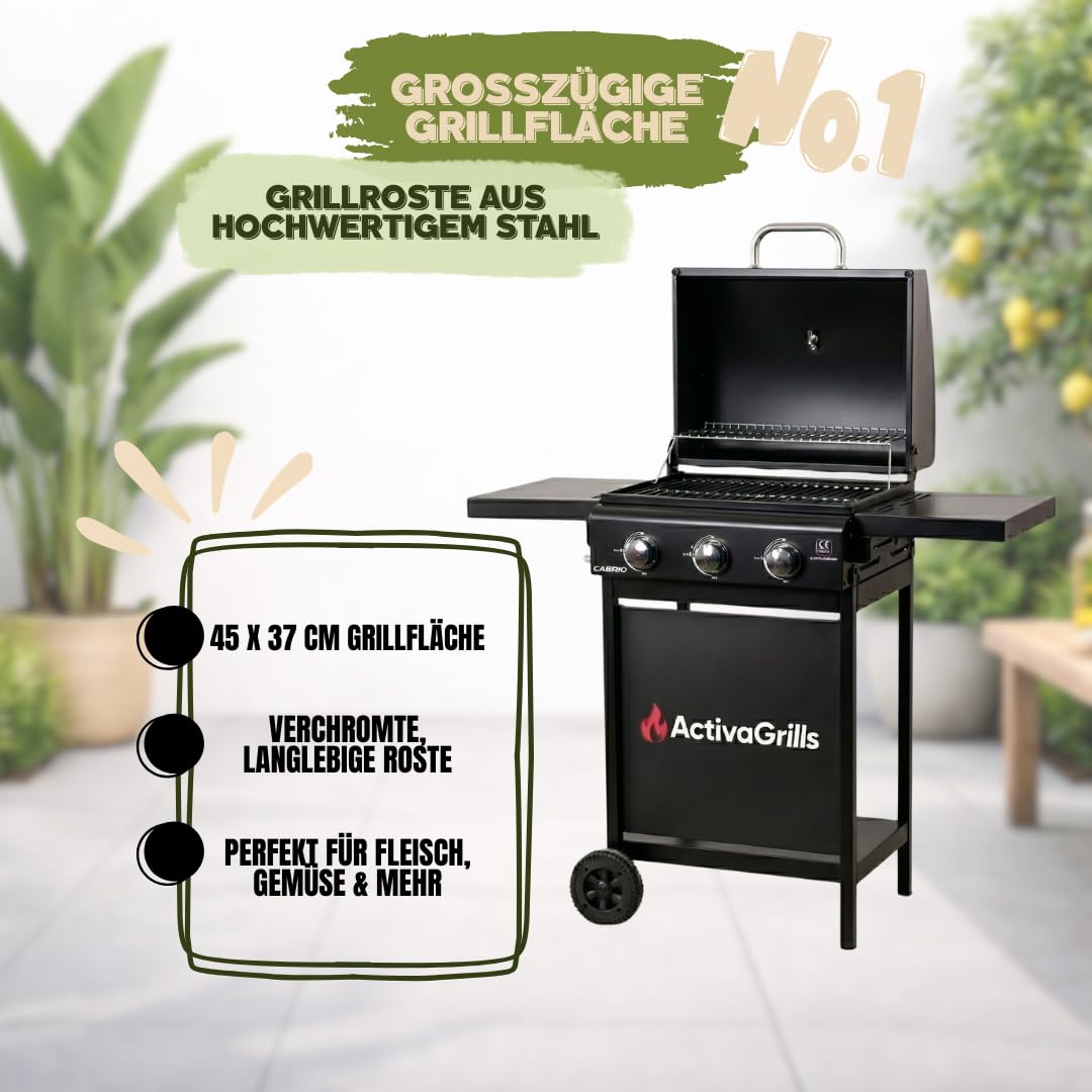 ACTIVA Action grill gazowy na kółkach, 3 palniki, każdy 2,7 kW, czarny, chromowany ruszt