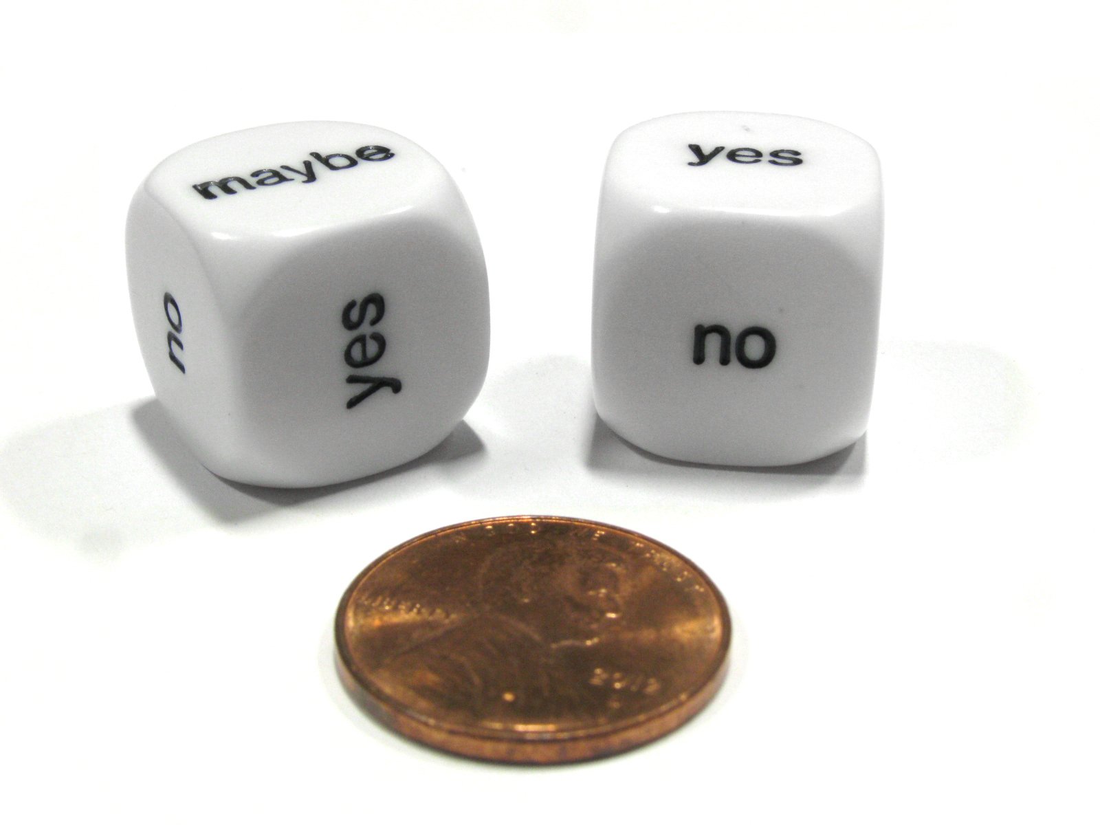 Set of 2 D6 16mm Yes, No, Maybe Decisions Dice - White with Black Letters