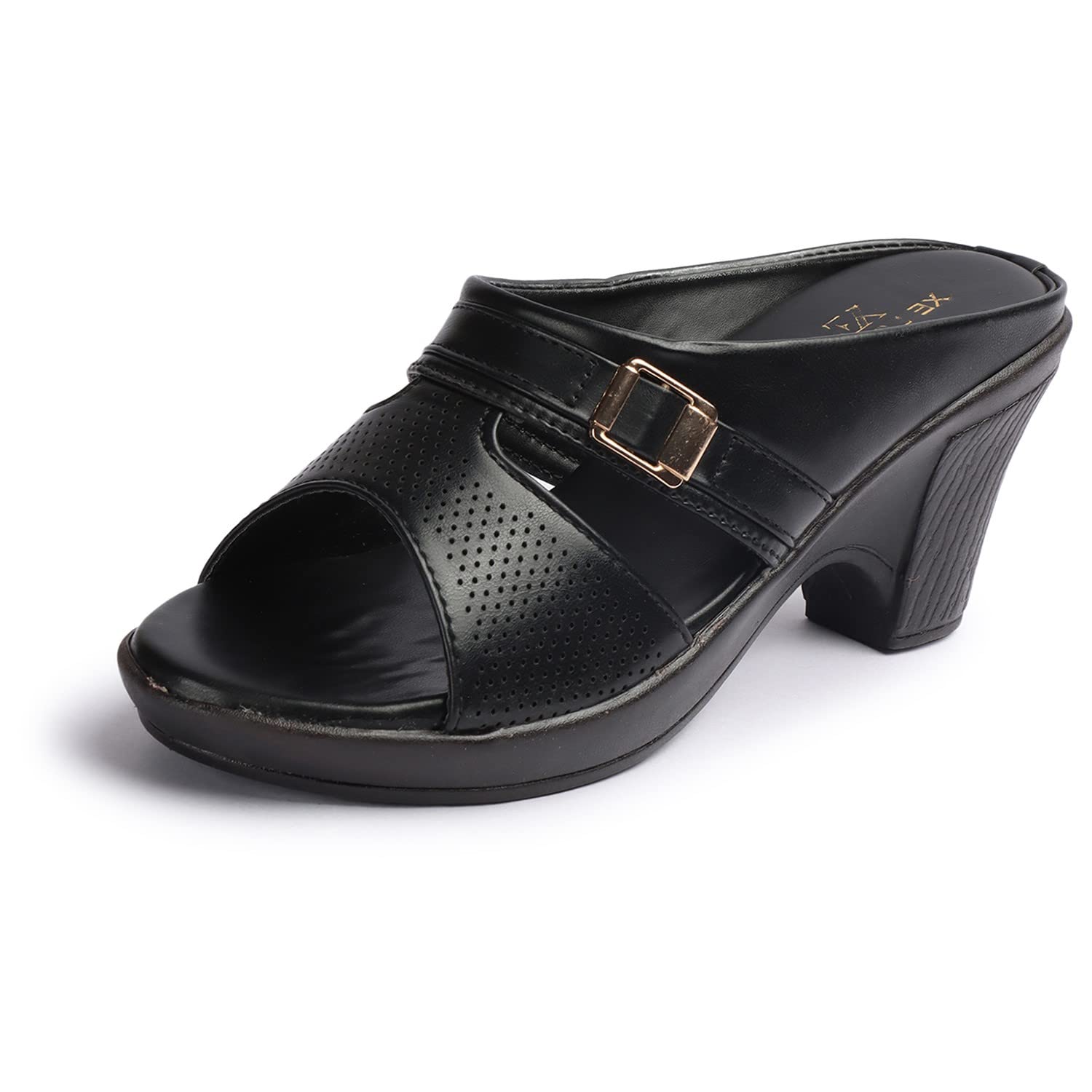 XE Looks Womens Black Open-Toe Block Heel Sandals for Women | Elegant Design with Breathable Upper and Secure Buckle | Stylish and Comfortable Heels For Girls & Women (B0C6Q15B6P) Amazon Price History, Amazon Price Tracker