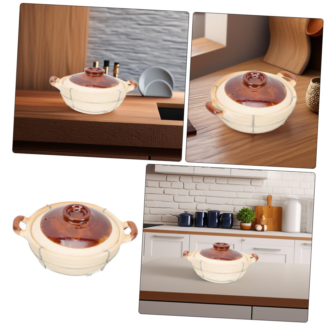 Olla de Barro con Asa para Cocinar, 2 Piezas Beige de Arcilla | Hierro Incluido Estructura, Diseño de Agarre Seguro y Resistente al Calor, para Sopas y Preparación Individual