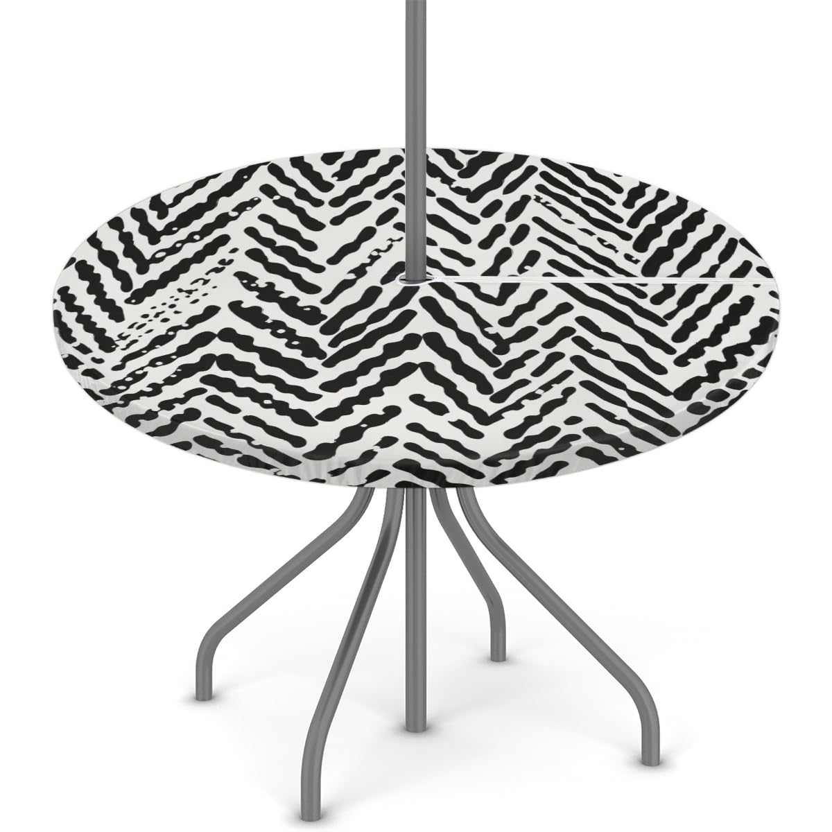 Round Outdoor Fitted Tablecloth with Umbrella Hole, Black White Stripes Elastic Table Cloth Texture Pattern Waterproof Table Cover with Zipper for Patio Picnic, 36