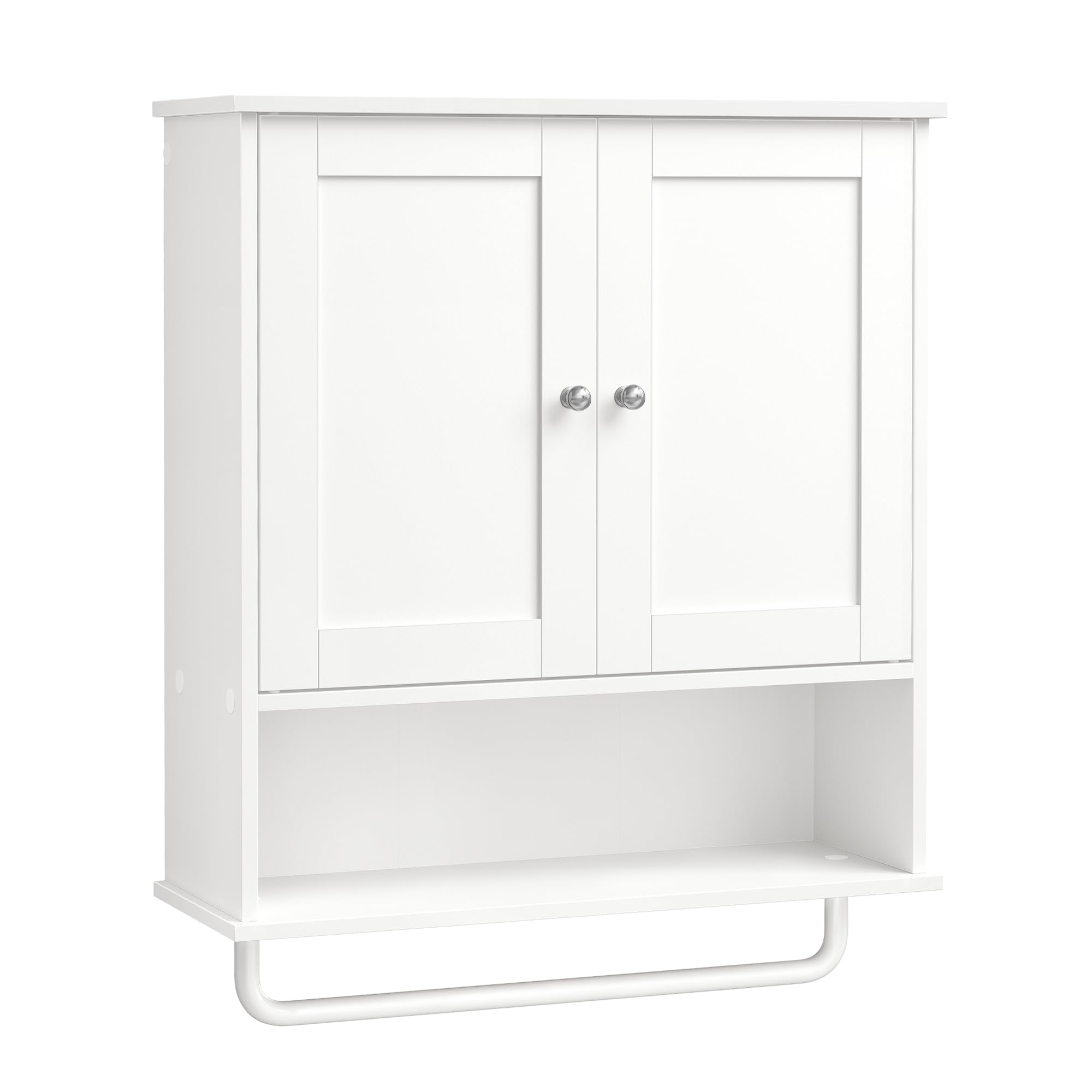 VASAGLE SIREN Collezione - Mobile da Bagno Sospeso con Barra Porta Asciugamani, Armadietto da Parete con Ripiano Aperto, Ripiano Regolabile e Ante, Stile Rustico, Bianco Nuvola BBK149WB01