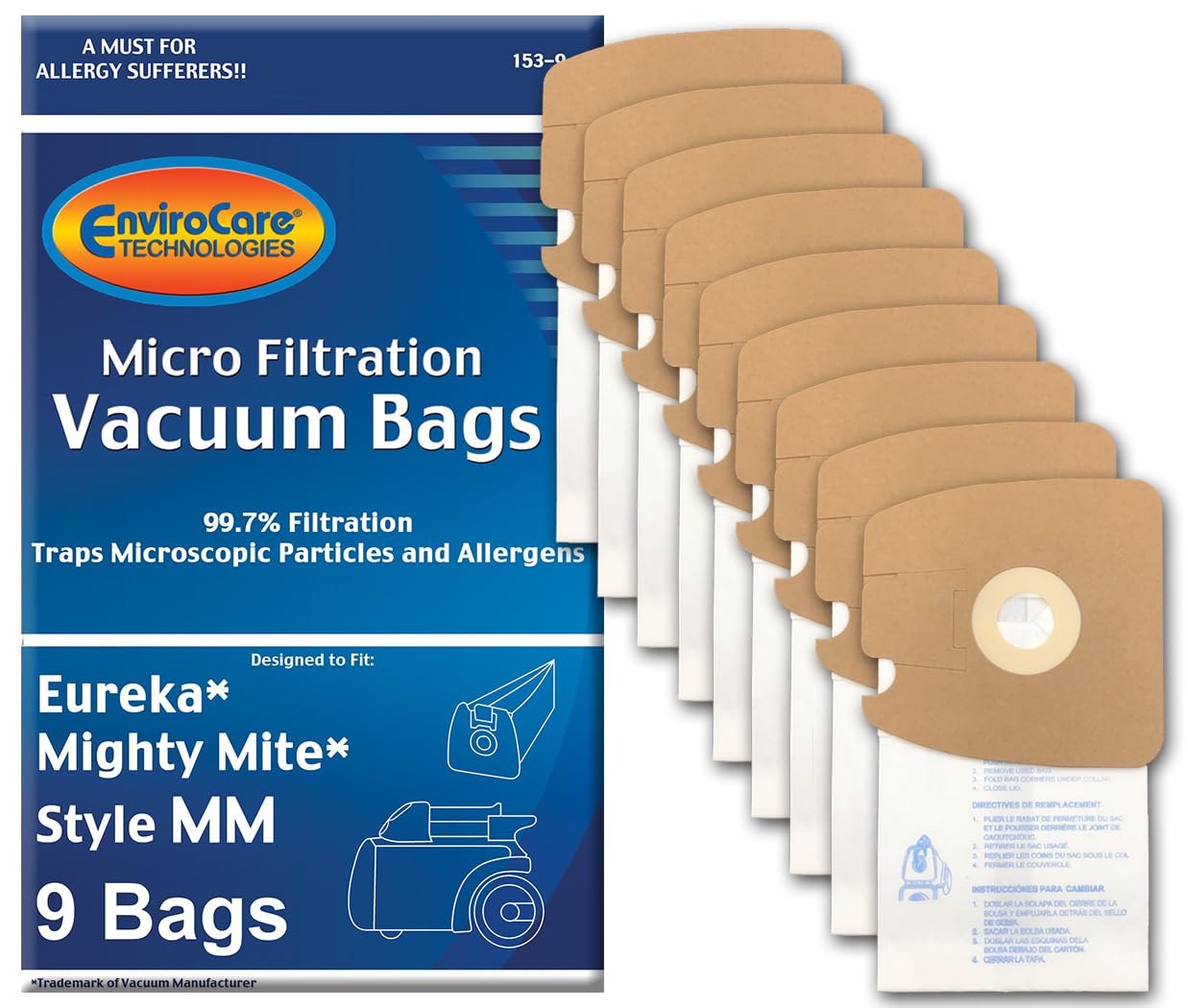 Eureka Part#60295C - Style MM Vacuum Bag Replacement for Eureka Mighty Mite 3670 and 3680 Series Canisters by EnviroCare Part#153-9 - 9/Package