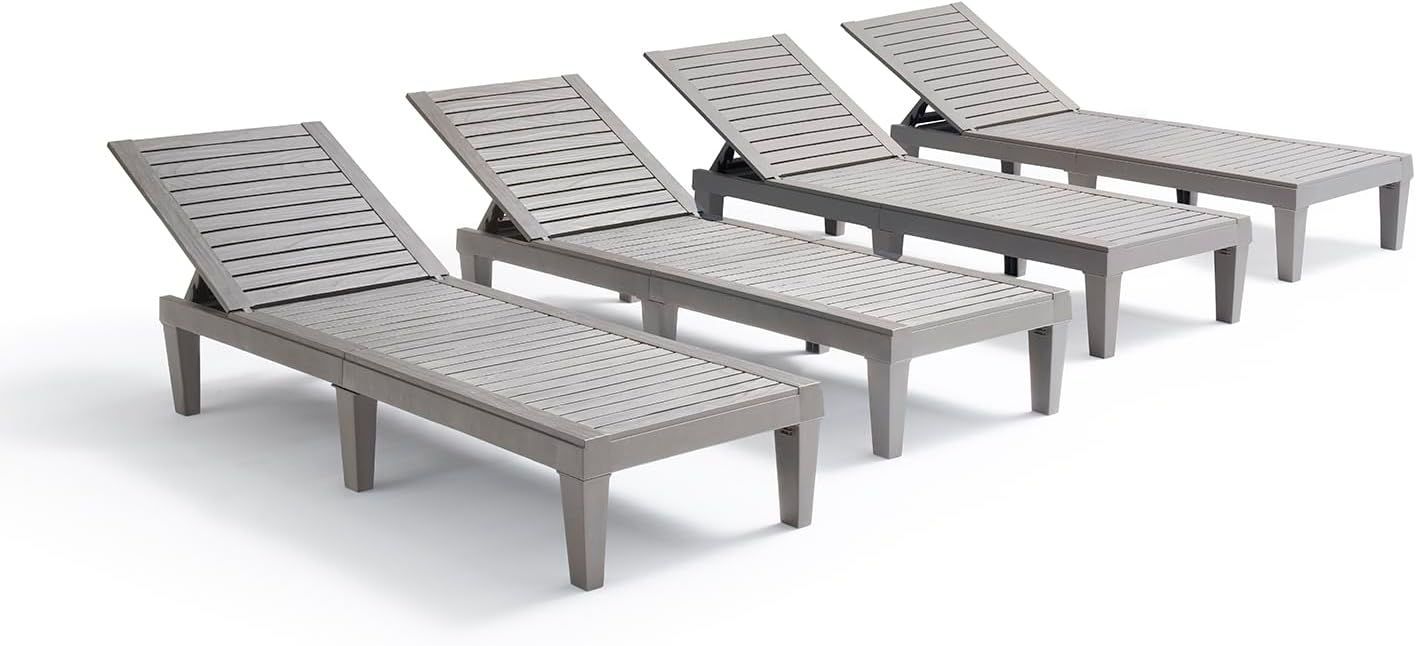 Nestl Patio Chairs - Grey Chaise Lounge Chair Outdoor, 5-Position Adjustable Sun Tanning Chair, Waterproof Pool Lounge Chairs Set of 4, Reclining Lawn Chair, Lightweight Outdoor Lounge Chairs