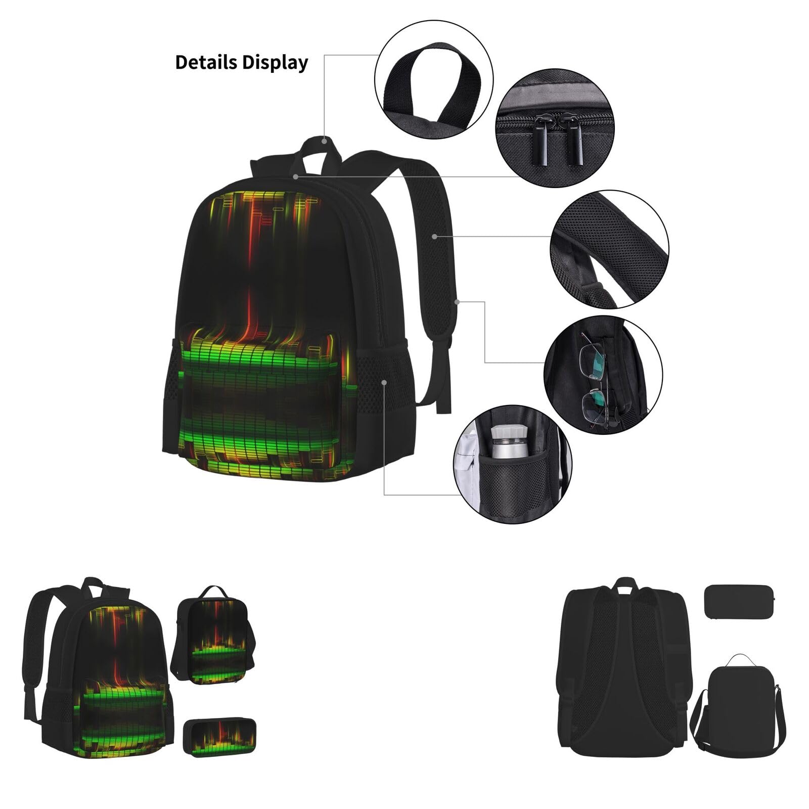 Cooles Musik-Sound, bedrucktes Rucksack-Set, 600D Oxford-Gewebe, Laptop-Rucksack mit isolierter Lunchtasche, Federmäppchen, verstellbare multifunktionale Schul-Reisetasche, 3-teilig