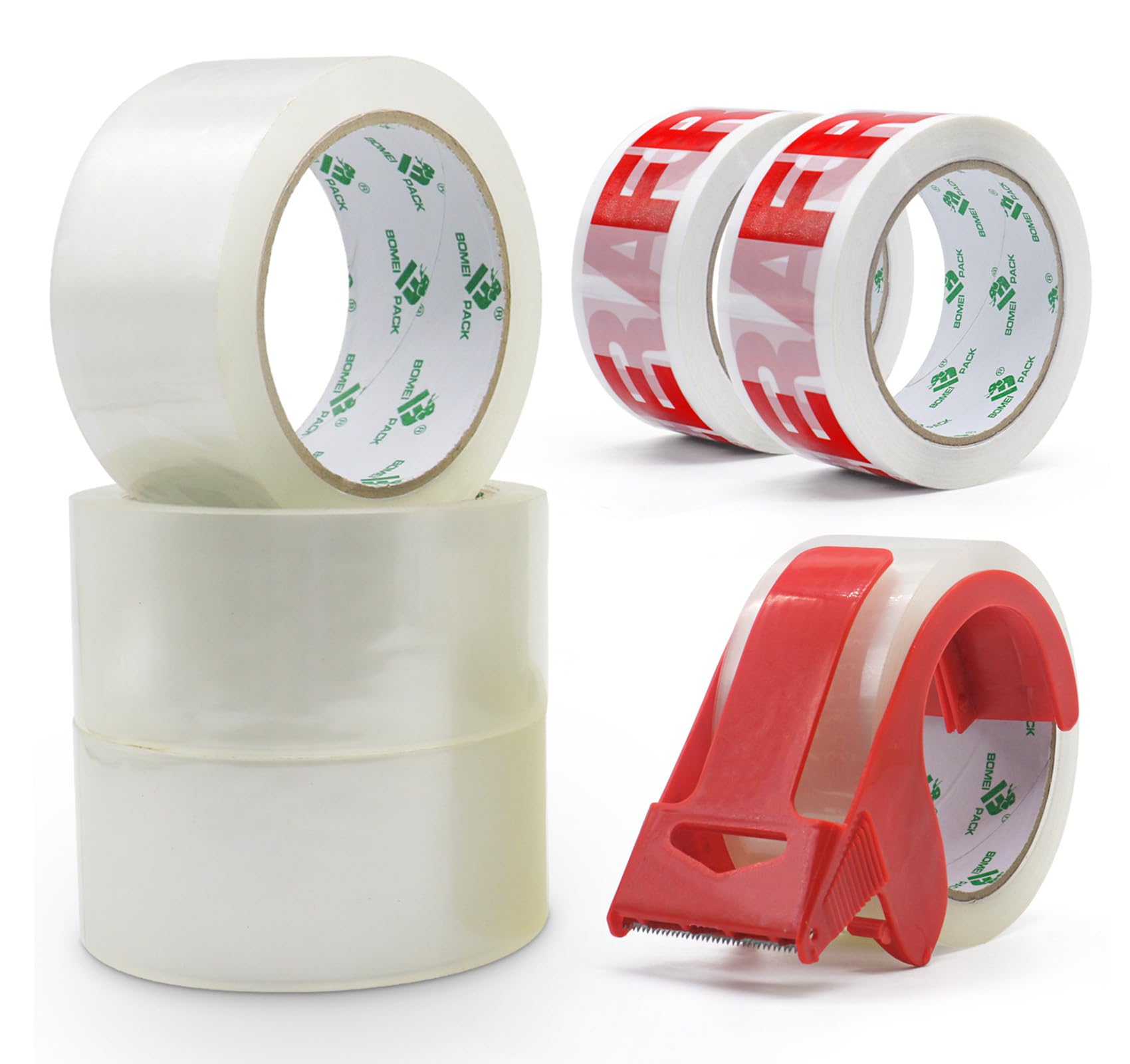 BOMEI PACK Cinta adhesiva de embalaje para paquetes de envío Rollo adhesivo dispensador 6 rollos de 48mm x 66m (4 transparentes + 2 artículos frágiles) + 1 dispensador