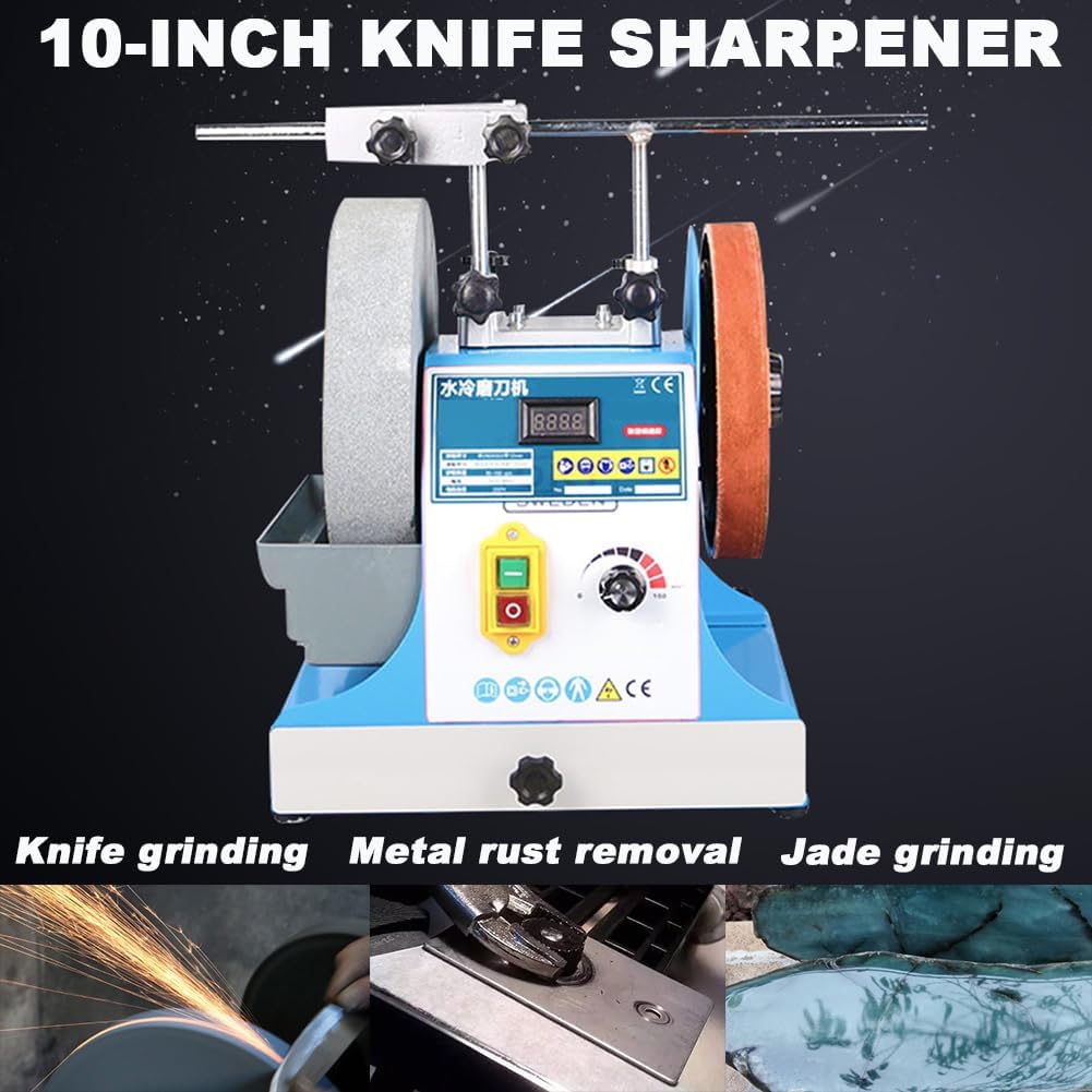 10 Inch Water-Cooled Knife Sharpener, Desktop Electric Kitchen Knife Sharpener, Dry and Wet Sharpening System with Sink and Forward and Reverse Switch, Kitchen Knife Sharpener