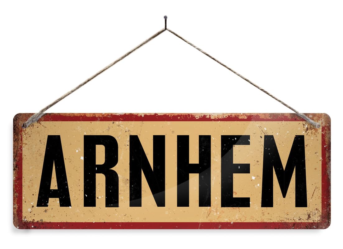 WW2 Locations ARNHEM - Black. XL metal sign with sticky pads (no holes). Vintage war crown office door Allied