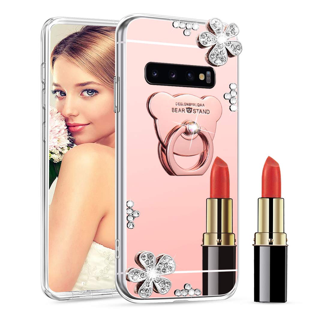 LEECOCO Samsung Galaxy S10 Plus Case Glitter Crystal Bear Mirror Makeup Silicon TPU Soft Rubber Case with Bear Ring Stand Holder Cover for Samsung Galaxy S10 Plus TPU Bear Rose Gold