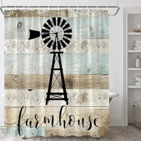Rustic Farmhouse Shower Curtain Black Windmill Teal Grey Vintage Wooden Plank Country Spring Herbal Floral Plants Patterns Wood Barn Door Bathroom Polyester Fabric Curtain Set with Hooks 70x70inch Cover