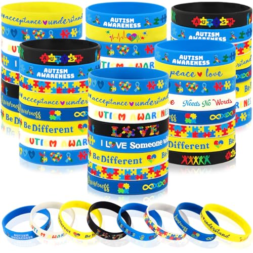 Image of JUNEBRUSHS 64pcs Autism Awareness Wristband Silicone Bracelets Bulk