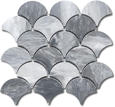 Stone Center Online Bardiglio Gray Marble Grand Fish Scale Fan Shape Mosaic Tile Polished Kitchen Bath Wall Floor Backsplash Shower 1 Sheet