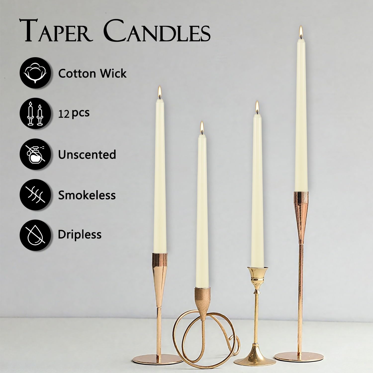Confezione da 12 candele coniche color avorio, non profumate, 25,4 cm, antigoccia e senza fumo, 8 ore di combustione, ideali per candele coniche di Halloween, matrimoni, cene, feste