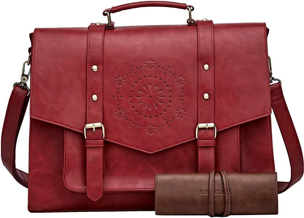 Women Briefcase Laptop Messenger Shoulder Bag PU Leather Handbag Fit 15.6 Inch Notebook, Red