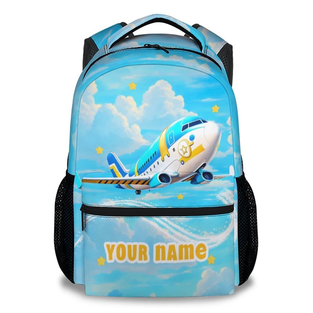 NICEFORNICE Custom School Backpack for Boys, 17 Inch Cute Plane Backpacks with Adjustable Straps, Blue Lightweight Durable Bookbag for Elementary