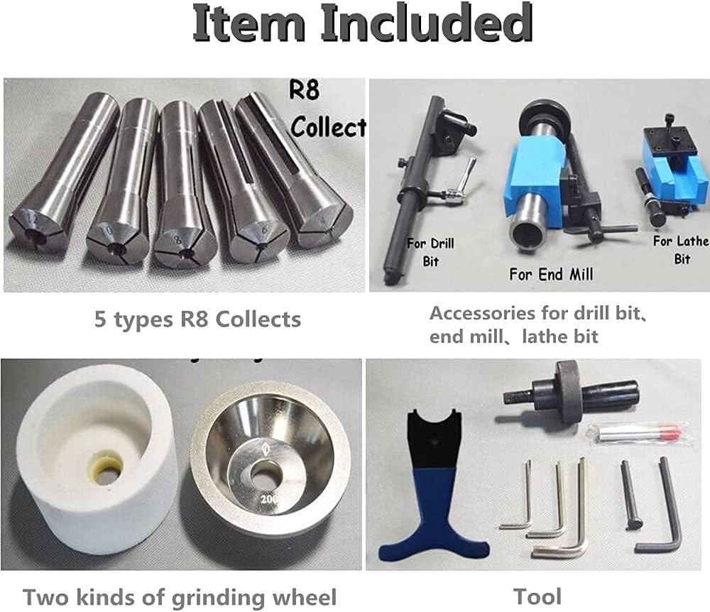Labeled diagram of the HayWHNKN U3 Grinding Machine components, including grinding wheels, spindles, stop lever, floodlights, feed adjustment, switches, bearing fine adjustment, multi-angle adjustment, and clamp lock.