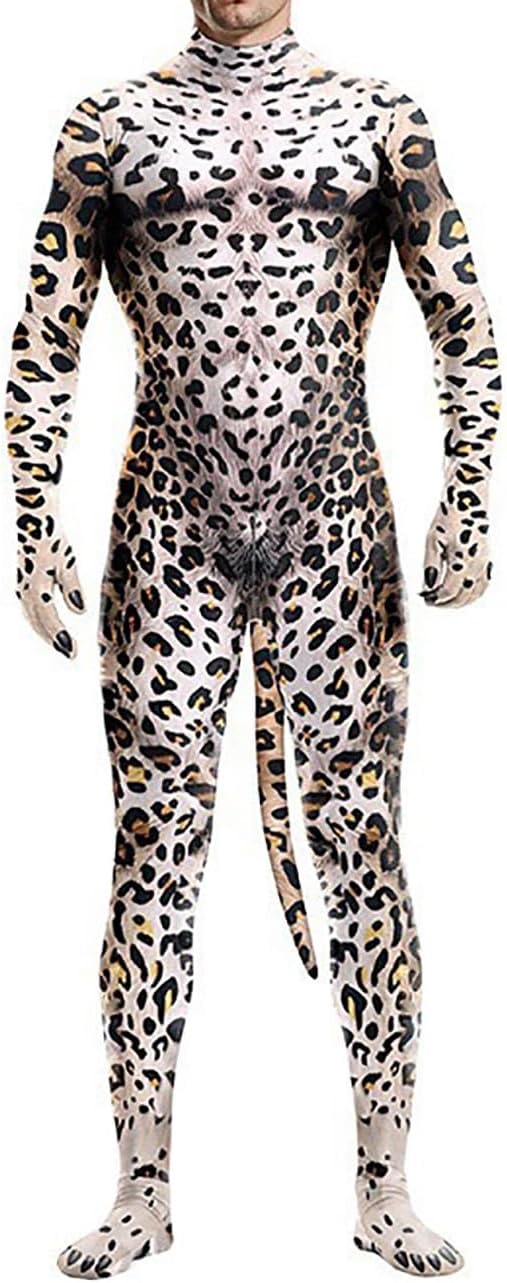 Animal Costume for Men 3D Animal Print Bodysuit Halloween Dress Up Outfit with Tail