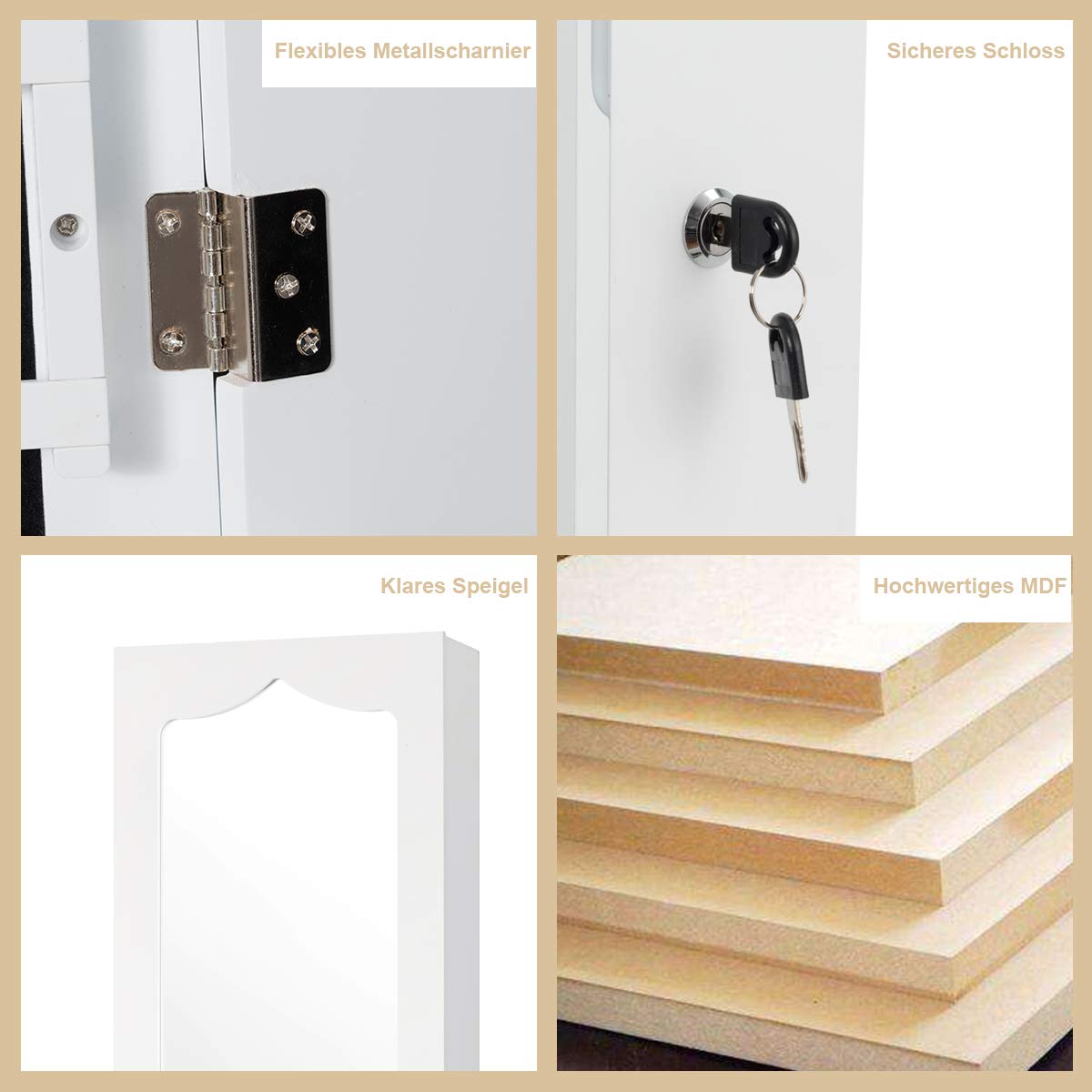 COSTWAY Armoire à bijoux avec éclairage LED, 6 tiroirs et miroir, armoire suspendue pour porte et montage mural, verrouillable (blanc)