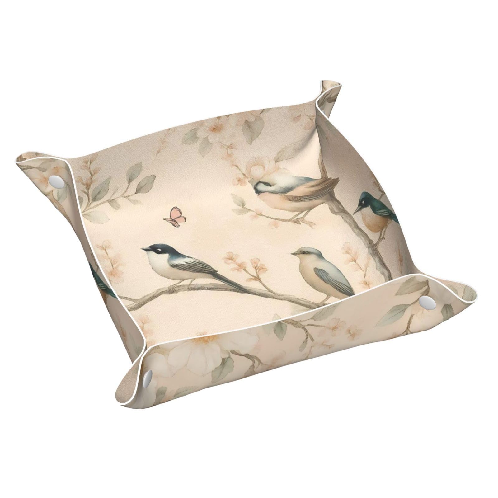 HLBSDM Vintage Spring Birds on Floral Branch Tray Men's Leather Valet Parking Portable Entrance Trays Bedside Storage Box