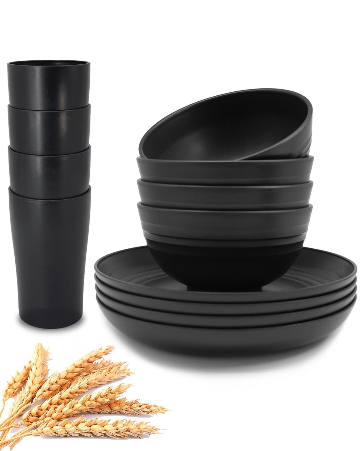 KITWILD Wheat Straw Dinnerware Sets, 12-Piece Lightweight Plastic Dinnerware Set with 8.9 Inch Unbreakable Plates, Bowl Set and Cup Set, BPA free, Dishwasher & Microwave Safe, Service for 4 - Black
