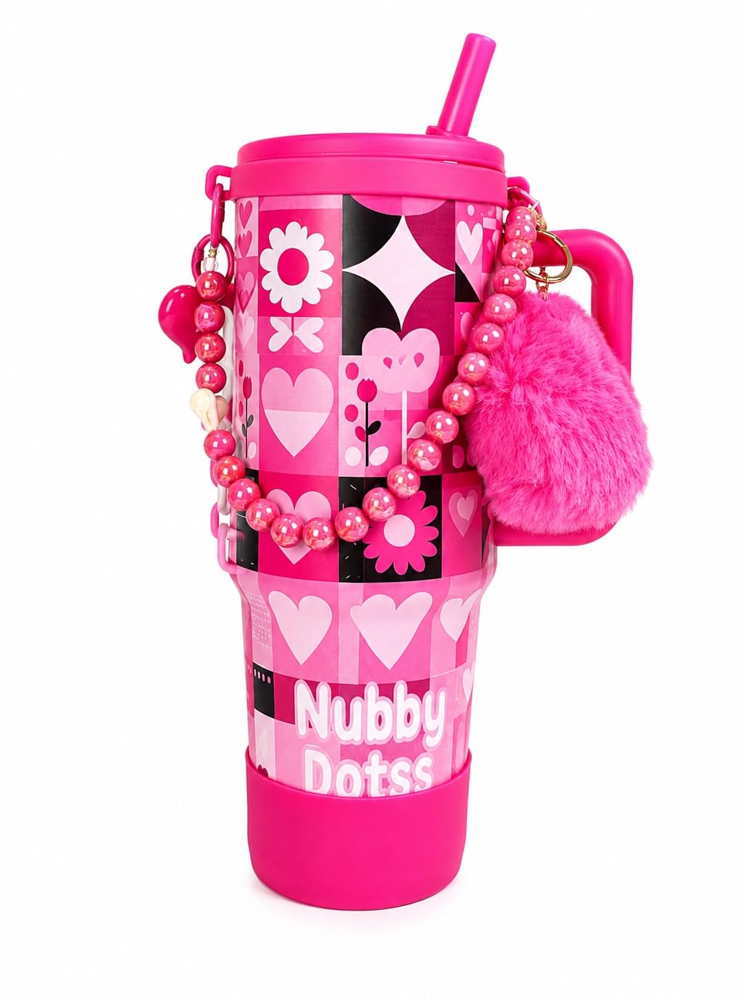 Pink Tumbler with Handle, Hearts & Floral Print | Pearl Beaded Strap, Fluffy Heart Pom Pom, Heart Charm Accessory, Ergonomic Grip Handle, School & Travel Use-picture-14
