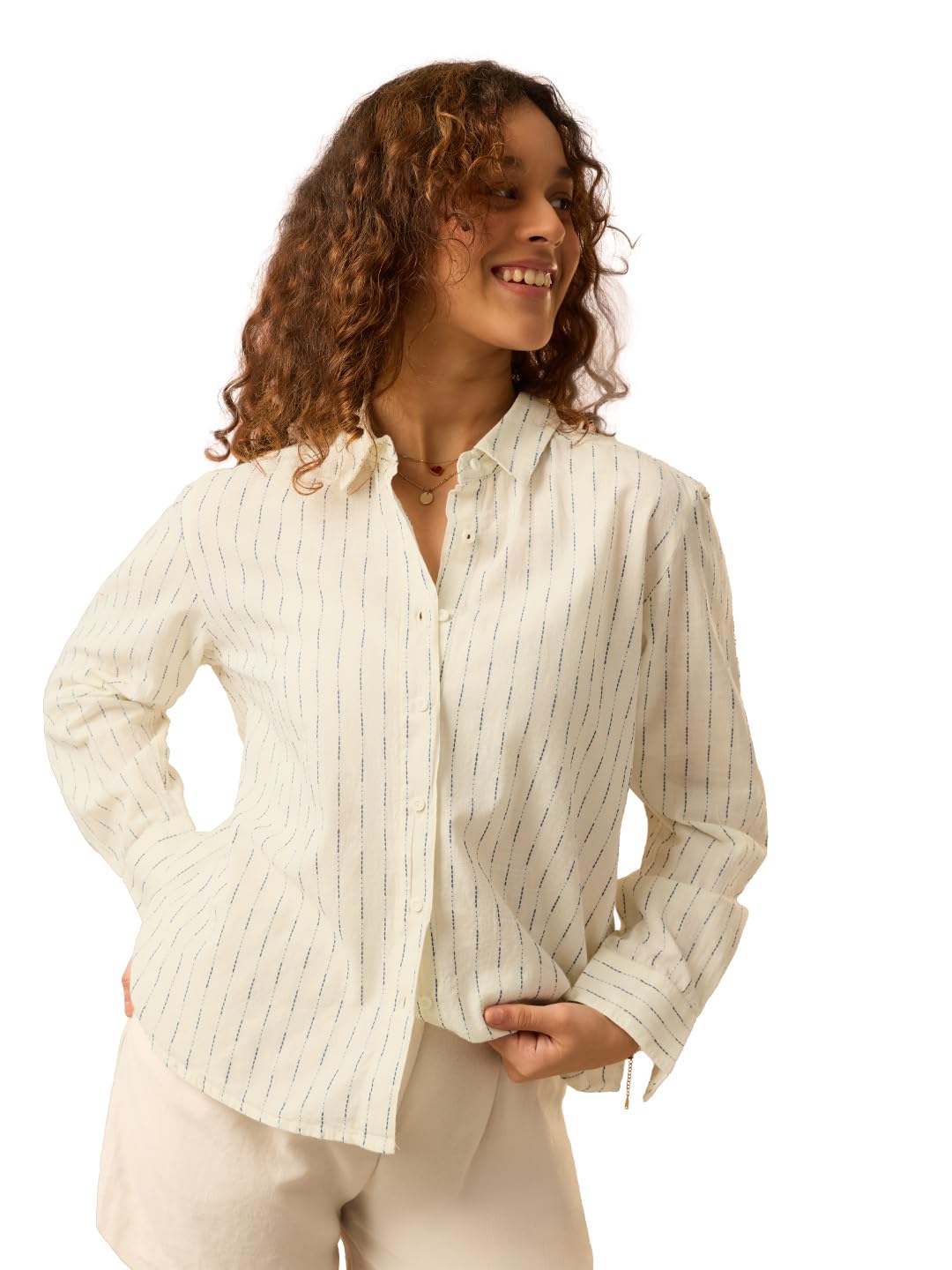 the souled store Stripe Shirt: Marina Women and Girls Full Length Spread Collar Off-White and Blue Striped Cotton Relaxed Fit Breathable Lightweight Everyday All-Season Shirt-picture-31
