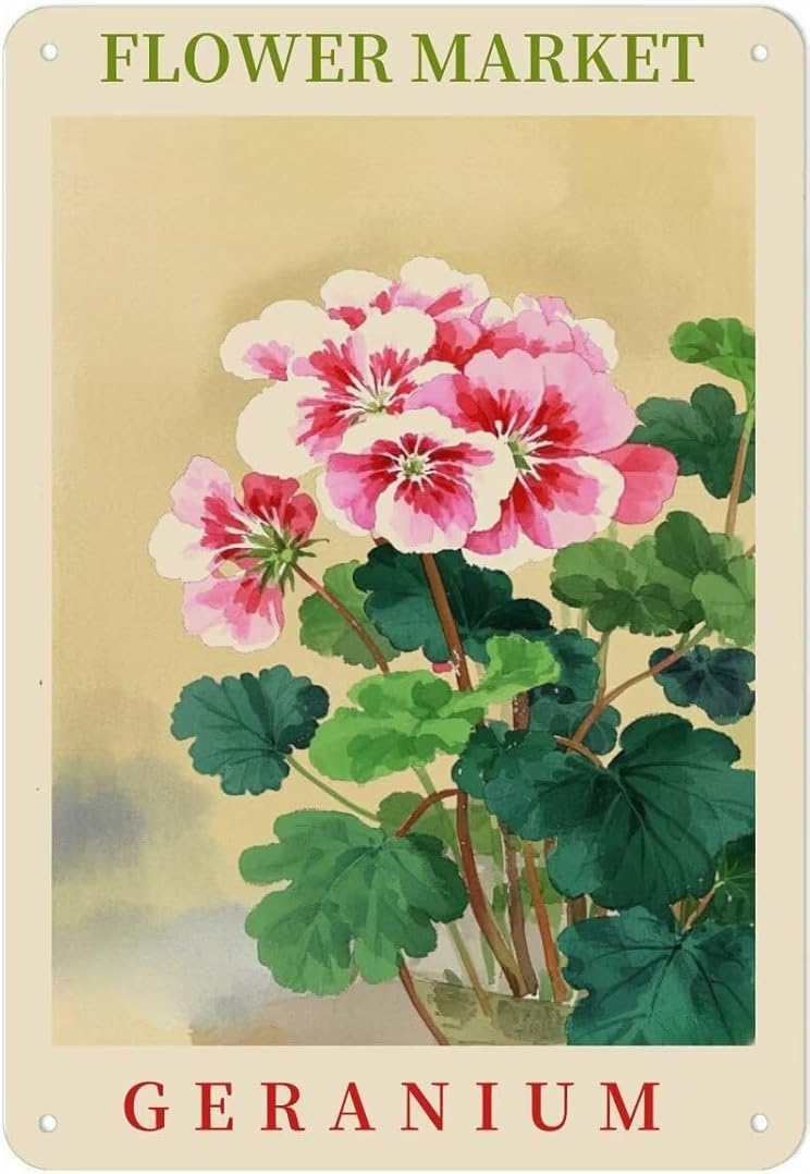 Flower Market Geranium Classics Tin sign Vintage Wall Art for Cozy Decor for kitchen Cafe living Room Farmhouse Restaurant Chic Plaque Decorative Gifts 8x12 Inch